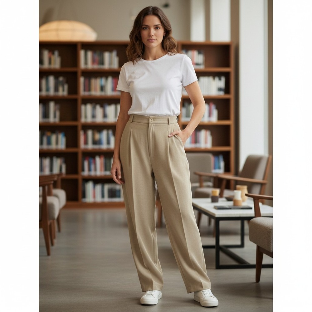 NWT Fundamental Things Petites Beige Pleated Herringbone Trousers Size 12 Petite